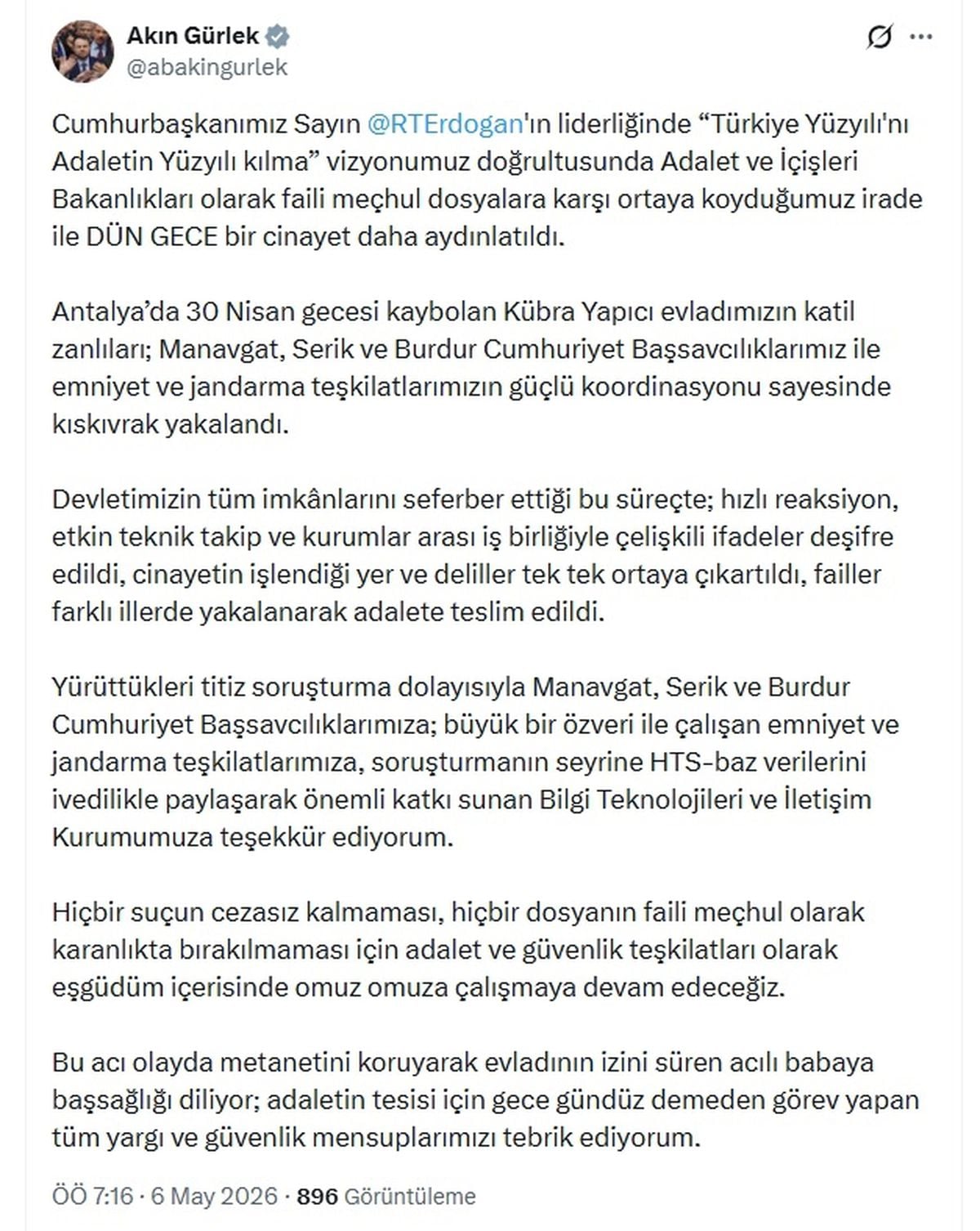 Bakan Gürlek: Kübra Yapıcı'nın katil zanlıları yakalandı