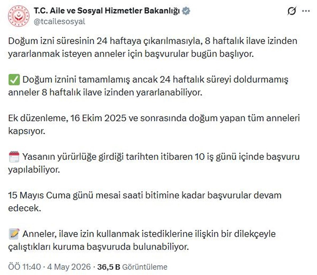 İlave doğum izni başvuruları bugün başlıyor