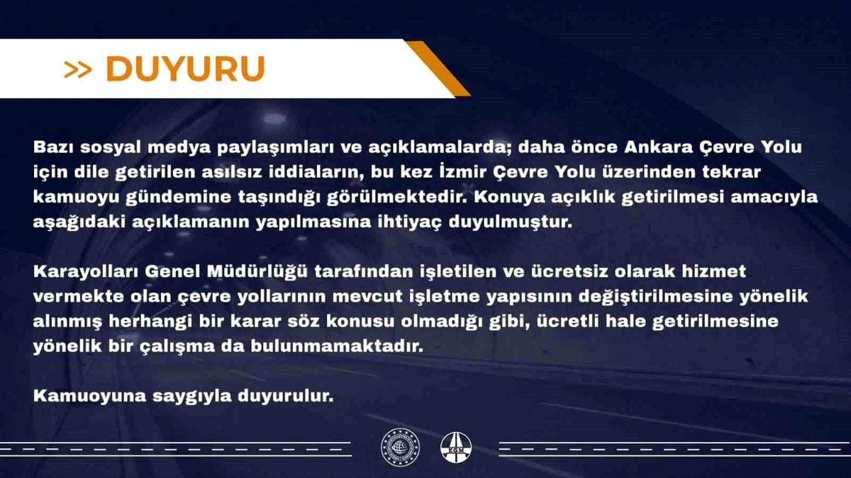 İzmir Çevre Yolu'nun ücretli hale getirileceği iddialarına yalanlama