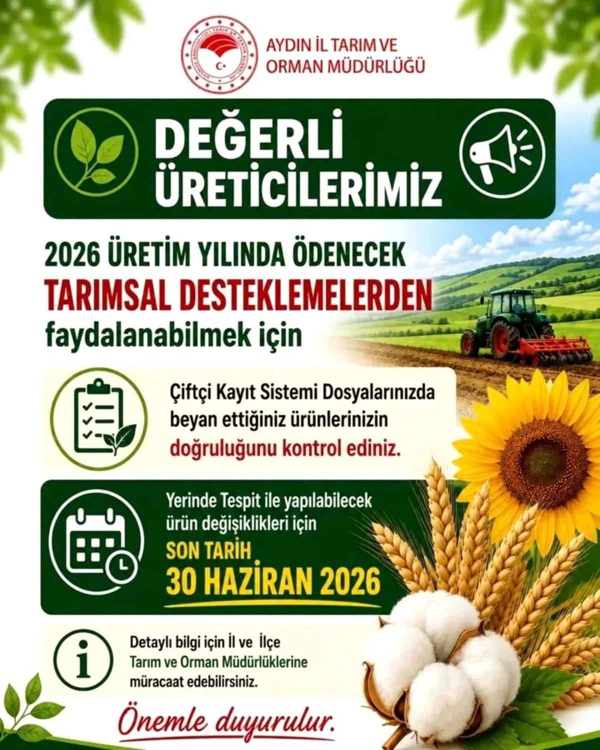 Aydınlı üreticilere ÇKS uyarısı: "Son tarih 30 Haziran
