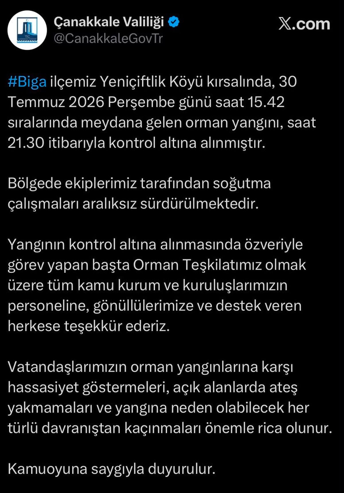 Çanakkale’de tarım arazisinde yangın