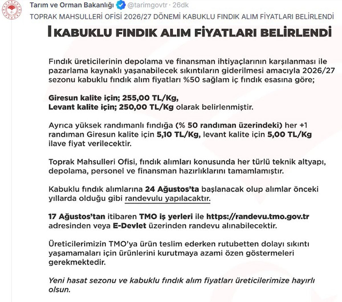 TMO 2026/27 Fındık Alım Fiyatları Açıklandı: Giresun 255, Levant 250 TL