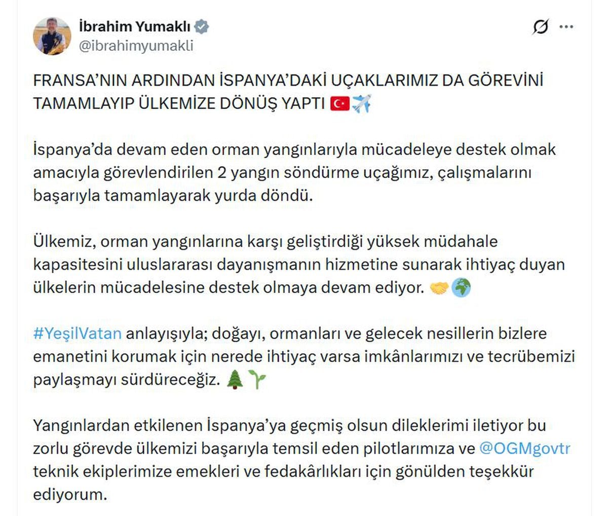 Türk yangın söndürme uçakları İspanya'dan döndü
